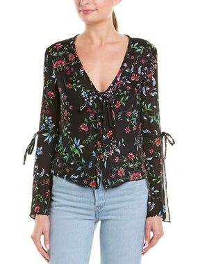 MILLY Maggie 100% silk wildflower floral print tie long sleeve blouse